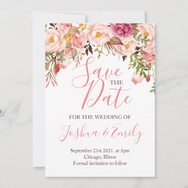 Floral Botanical Pink Peony Boho Wedding Save The Date (Front)