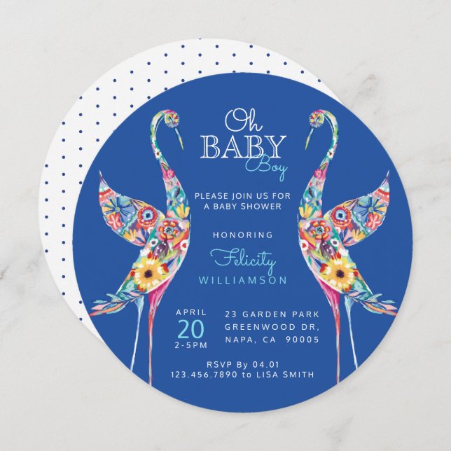 Floral Botanical Stork Baby Boy Shower Invitation (Front/Back)