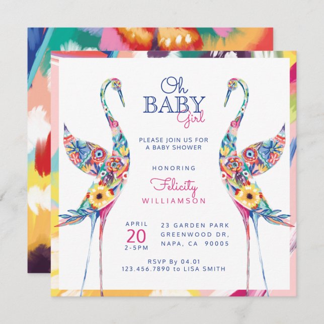 Floral Botanical Stork Baby Girl Shower Invitation (Front/Back)