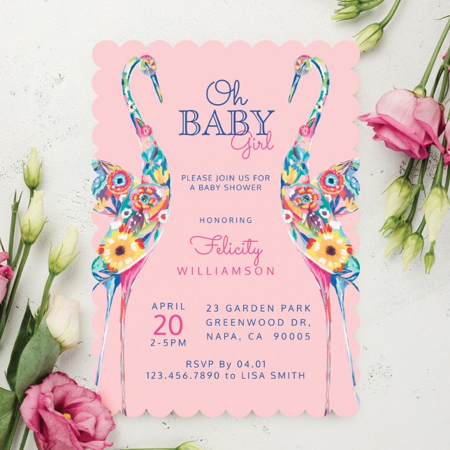 Floral Botanical Stork Baby Girl Shower Invitation (Floral Botanical Stork Baby Girl Shower Invitation)