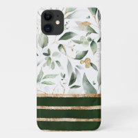 Floral Botanical Watercolor Gold Glitter Green