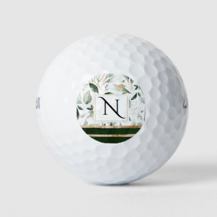 Floral Botanical Watercolor Gold Glitter Monogram Golf Balls