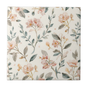 Floral Botanical Watercolor Leaves Beige Painted Ceramic Tile