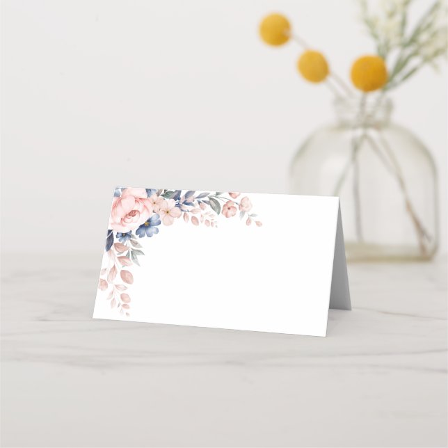 Floral Botanical Wedding Pink Blue Wedding Place Card (Front)