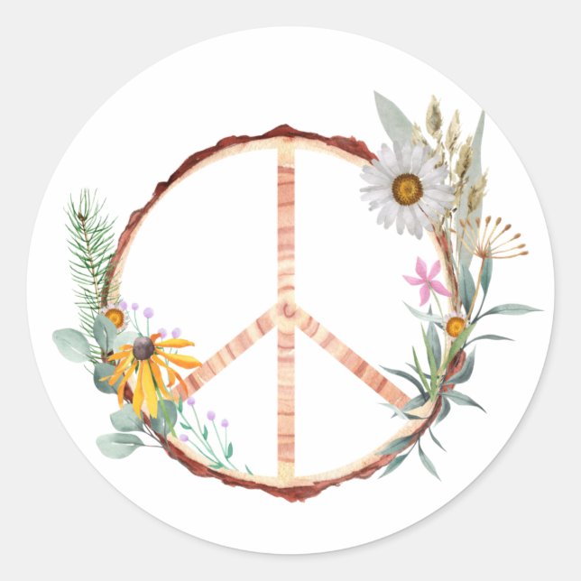 Floral Botanical Wooden Peace Sign Classic Round Sticker (Front)