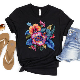 Floral Bouquet Faux Embroidery Yarn Design T-Shirt