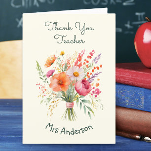Floral Bouquet Flowers Pretty Personalised Teacher Thank You Card