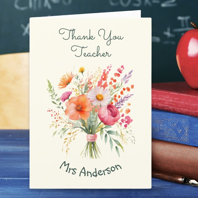 Floral Bouquet Flowers Pretty Personalised Teacher Thank You Card (A personalized card with 'Thank You Teacher' words and picture of a hand-tied bouquet of flowers)