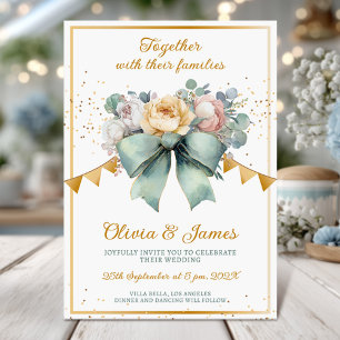 Floral Bouquet Green bow Gold Wedding Invitation
