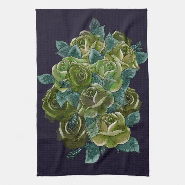 Floral bouquet, green roses on dark blue  tea towel (Vertical)
