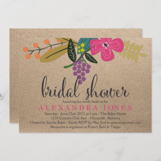 Floral Bouquet Kraft background Bridal Shower Invitation (Front/Back)