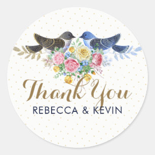 Floral Bouquet & Love Birds Thank You Classic Round Sticker