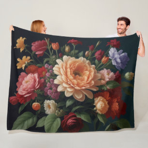 Floral Bouquet Painting on Dark Background Fleece Blanket