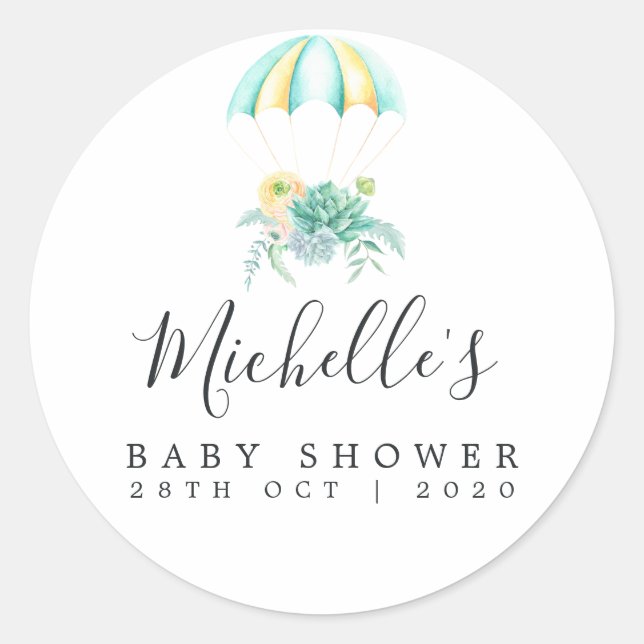 Floral Bouquet Parachute Baby Shower Classic Round Sticker (Front)