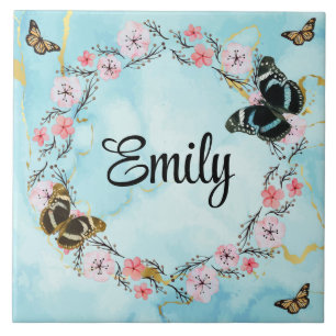 Floral bouquet romantic serenity butterflies ceramic tile