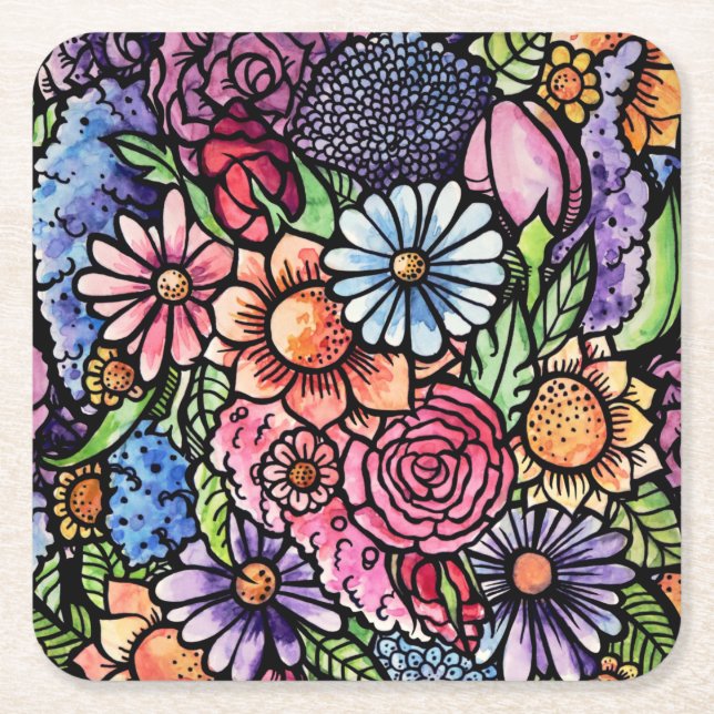 Floral Bouquet Spring Flower Square Paper Coaster (Front)