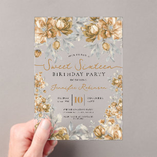 Floral Bouquet Sweet 16 Birthday Gold Acrylic Invitations