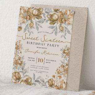 Floral Bouquet Sweet 16 Birthday Gold Champagne  Invitation