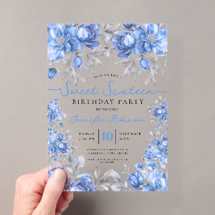 Floral Bouquet Sweet 16 Birthday Party Blue Acrylic Invitations