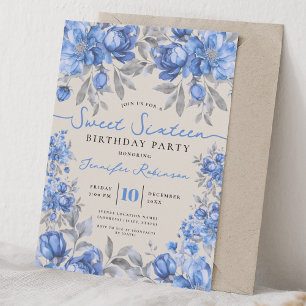 Floral Bouquet Sweet 16 Birthday Party Blue  Invitation