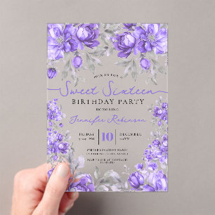 Floral Bouquet Sweet 16 Birthday Party Purple  Acrylic Invitations
