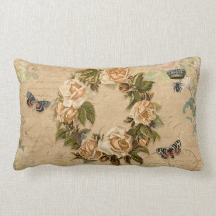 Floral Bouquet Vintage Rose Flowers Bee n Ephemera Lumbar Cushion