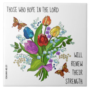 Floral Bouquet, w verse from Isaiah 40:31 Ceramic Tile