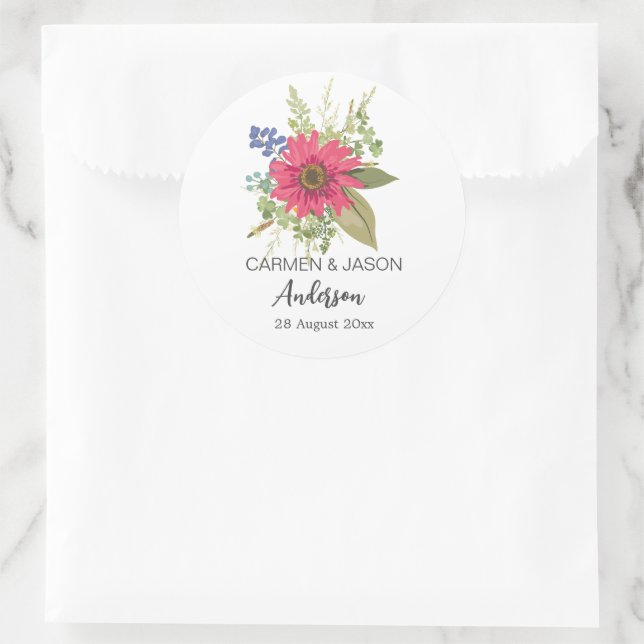  Floral Bouquet Wedding Custom Name Classic Round Sticker (Bag)