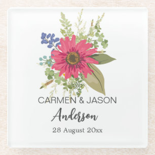Floral Bouquet Wedding Custom Name Glass Coaster
