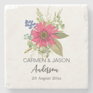 Floral Bouquet Wedding Custom Name Stone Coaster