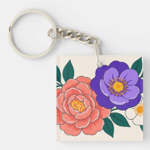 Floral Bouquet with Purple and Coral Blossoms Key Ring