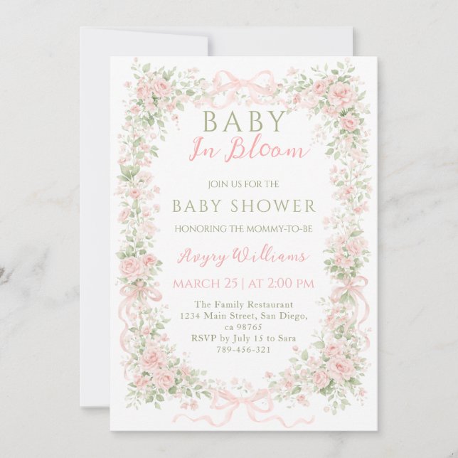 Floral Bow Baby in Bloom Girl Baby Shower Invitation (Front)