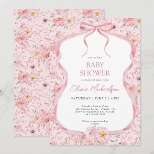 Floral Bow Coquette Pink Ribbon Girl Baby Shower Invitation