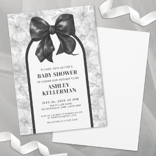 Floral Bow Elegant Black White Baby Shower Invitation