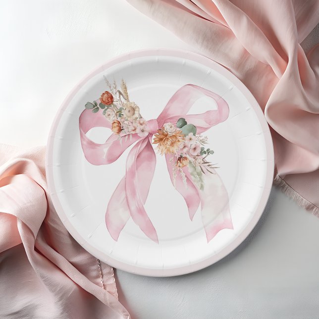 Floral Bow Elegant Pink Baby Shower Paper Plate (Creator Uploaded)