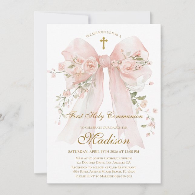 Floral Bow First Holy Communion Invitation (Front)