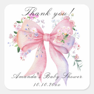 Floral Bow Flowers Girl Baby Shower Thank you Square Sticker
