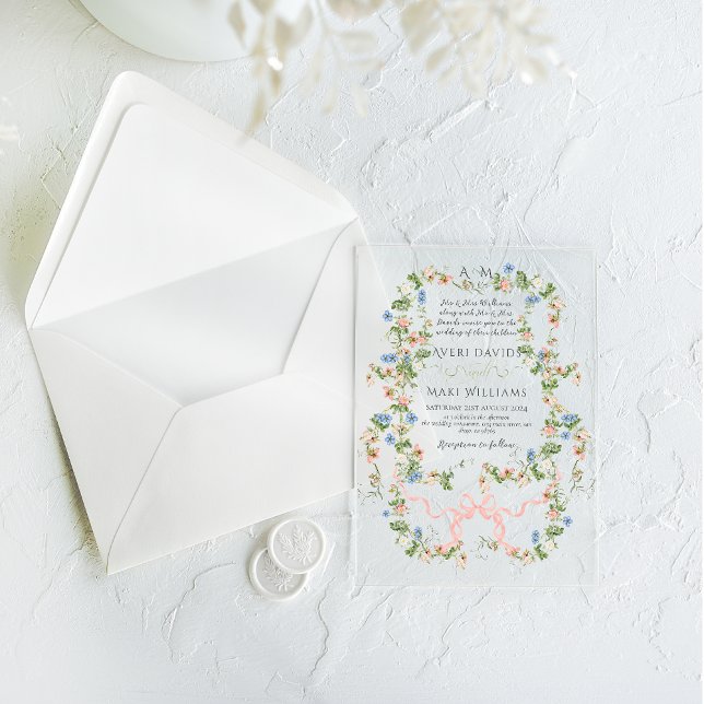 Floral Bow Garden Rustic Elegant Photo Wedding Acrylic Invitations (Creator Uploaded)