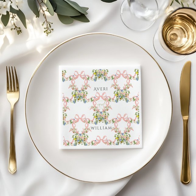 Floral Bow Garden Rustic Elegant Photo Wedding Napkin (Creator Uploaded)