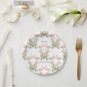 Floral Bow Garden Rustic Elegant Photo Wedding Paper Plate