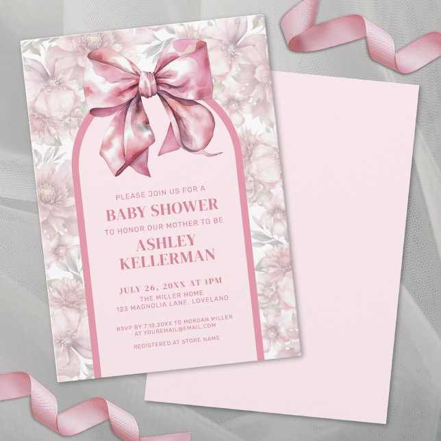 Floral Bow Pink Girl Baby Shower Invitation (Floral Bow Pink Girl Baby Shower Invitation)