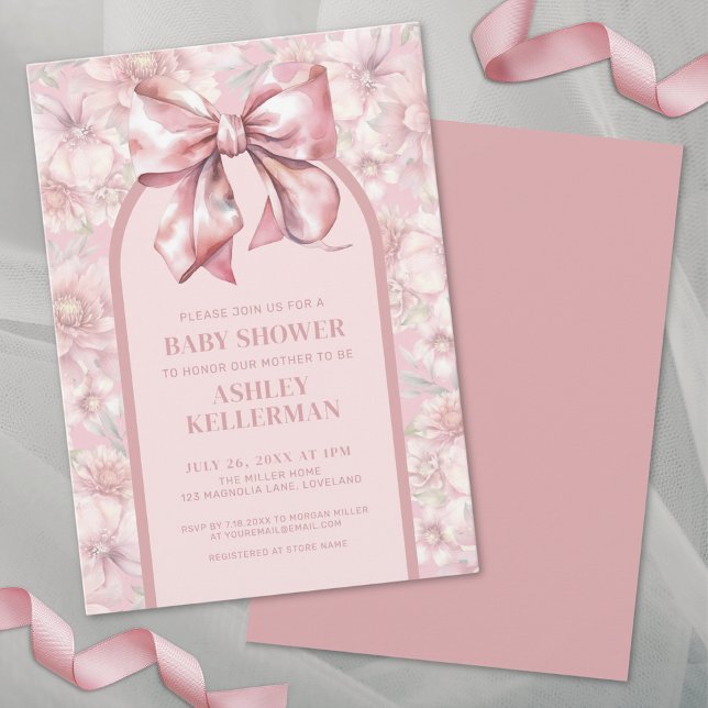 Floral Bow Pink Girl Baby Shower Invitation (Cute Pink Floral Girl Baby Shower Invitation)