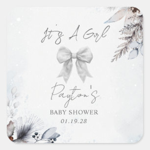 Floral Bow Winter Girl Baby Shower  Square Sticker