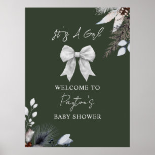 Floral Bow Winter Green Girl Baby Shower Welcome Poster