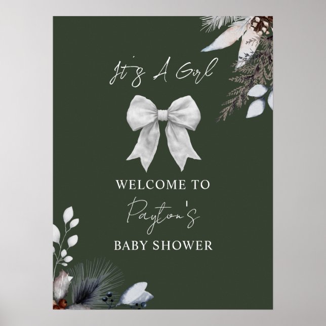 Floral Bow Winter Green Girl Baby Shower Welcome Poster (Front)
