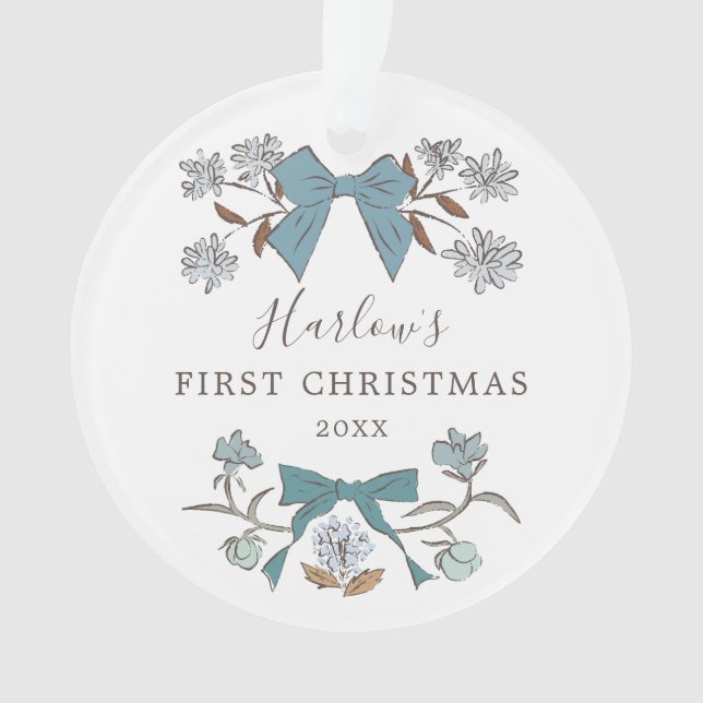 Floral Bows Blue Baby's First Christmas Ornament (Front)