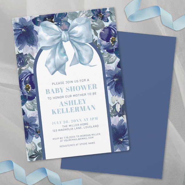 Floral Boy Blue Bow Baby Shower Invitation (Floral Boy Blue Bow Baby Shower Invitation)