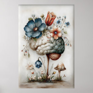 Floral Brain Art Print, Botanical Surreal Poster