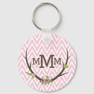 Floral Branch Pink Chevron Pattern Monogram Key Ring