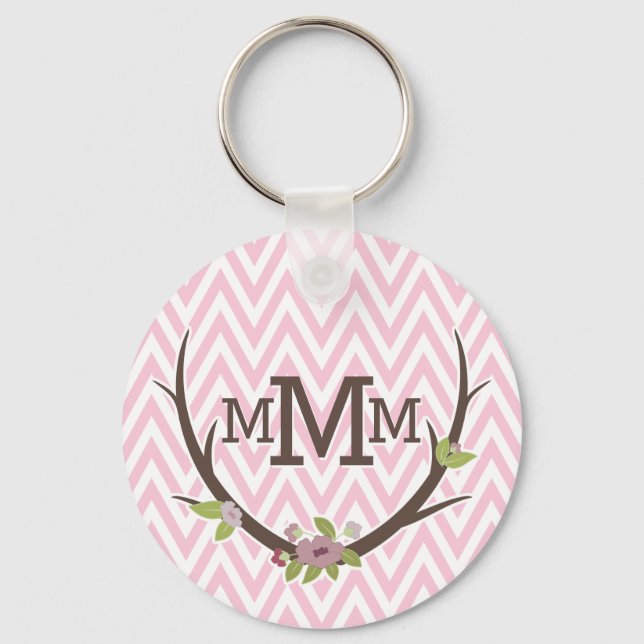 Floral Branch Pink Chevron Pattern Monogram Key Ring (Front)